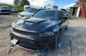 Black Dodge Charger parked in a dusty salvage yard, surrounded by other vehicles and overgrown grass, under a partly cloudy sky.